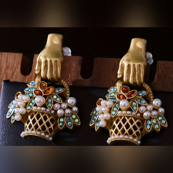 Jewelry - Vintage Style Gold Basket Pearl and Multistone Drop Earrings